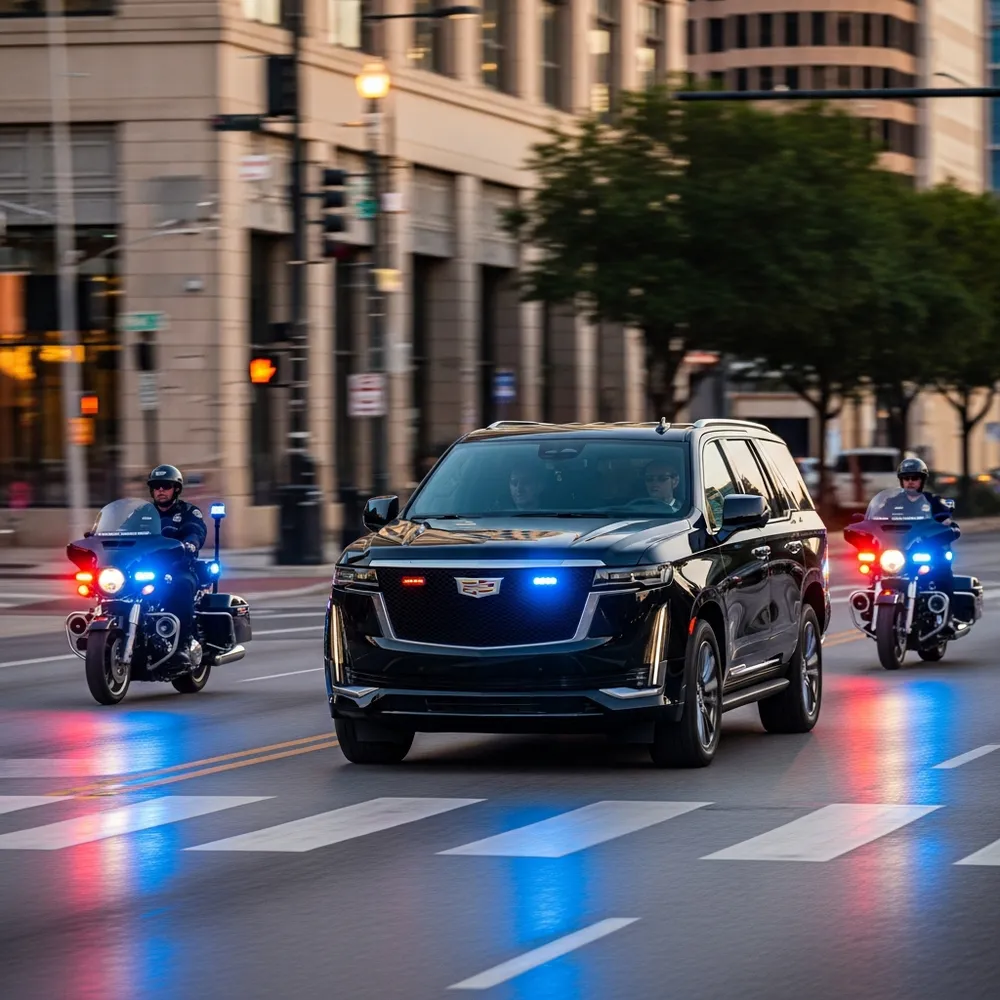 Black Cadillac Escalade with Austin Police Department motorcycle escort